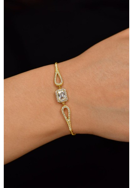 Zirkon Taşlı Gold Tektaş Baget Gümüş Bileklik