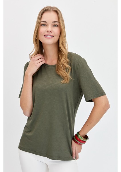 Kadın Sıfır Yaka Flamlı Kumaş Penye T-Shirt Haki fiyatları
