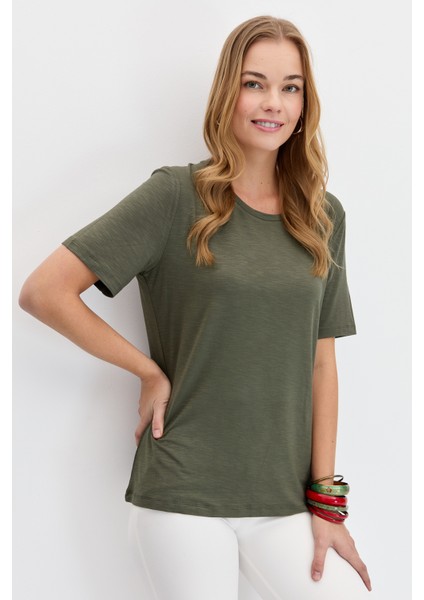 Kadın Sıfır Yaka Flamlı Kumaş Penye T-Shirt Haki modelleri