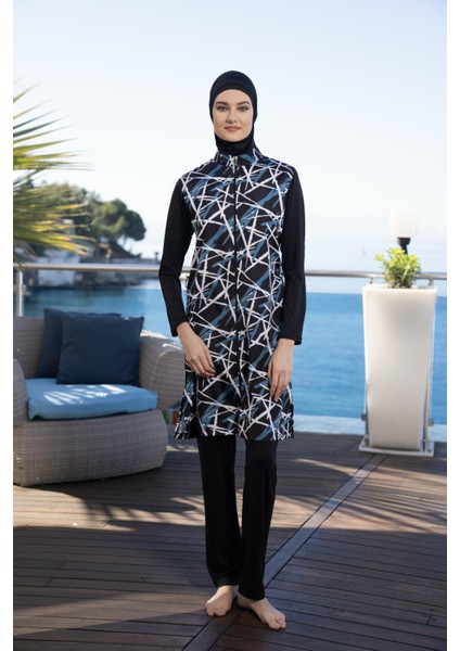 Kadın Tam Kapalı Fermuarlı Dijital Desenli Tesettür Mayo Siyah