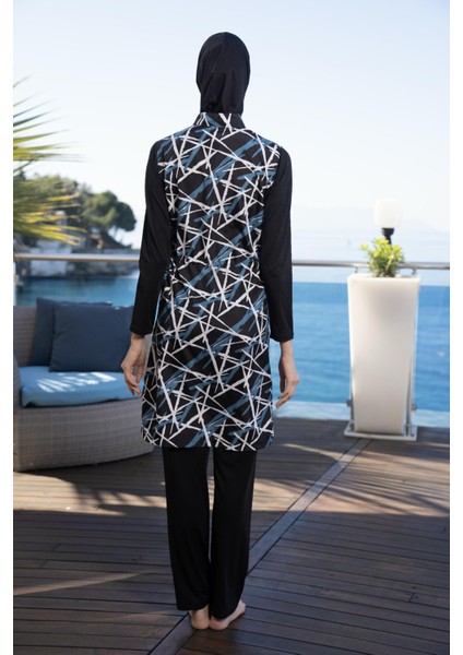 Kadın Tam Kapalı Fermuarlı Dijital Desenli Tesettür Mayo Siyah fiyatları