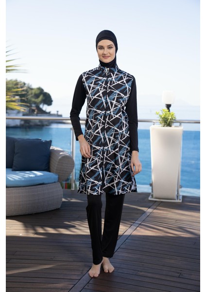 Kadın Tam Kapalı Fermuarlı Dijital Desenli Tesettür Mayo Siyah modelleri