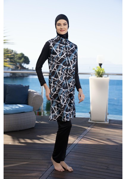 Kadın Tam Kapalı Fermuarlı Dijital Desenli Tesettür Mayo Siyah fırsatları