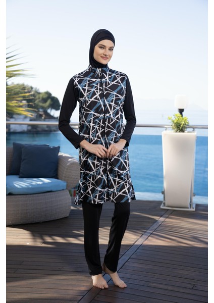 Kadın Tam Kapalı Fermuarlı Dijital Desenli Tesettür Mayo Siyah indirimleri