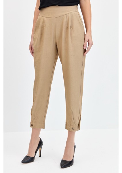 Kadın Geniş Kemerli Paçası Düğmeli Keten Pantolon Camel