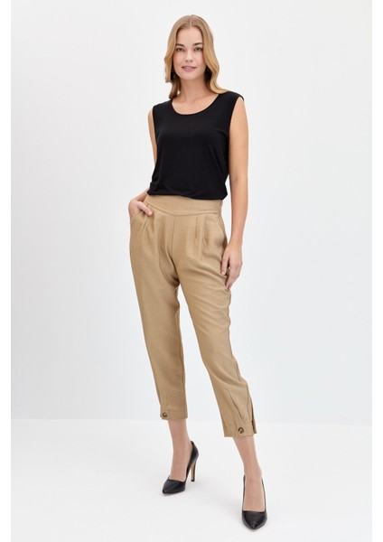 Kadın Geniş Kemerli Paçası Düğmeli Keten Pantolon Camel
