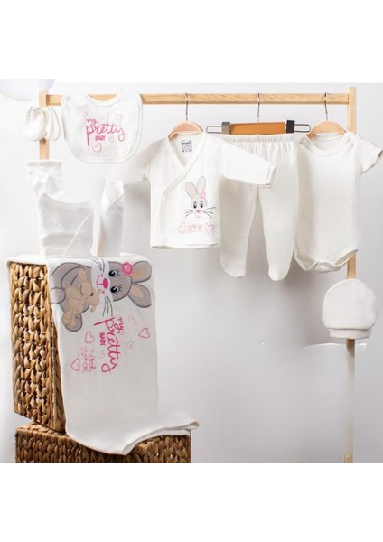 Yenidoğan Kız Bebek Zıbını, Pretty Baby Desenli, 10'lu Hastane Çıkış Zıbın Seti, %100 Pamuk Penye (0-3 Ay) (1241)
