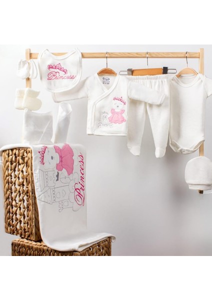 Yenidoğan Kız Bebek Zıbını, Princess Desenli, 10'lu Hastane Çıkış Zıbın Seti, %100 Pamuk Penye (0-3 Ay) (1126)