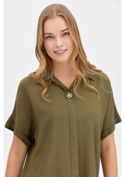 Kadın Önü Broşlu Maroken Gömlek Haki modelleri