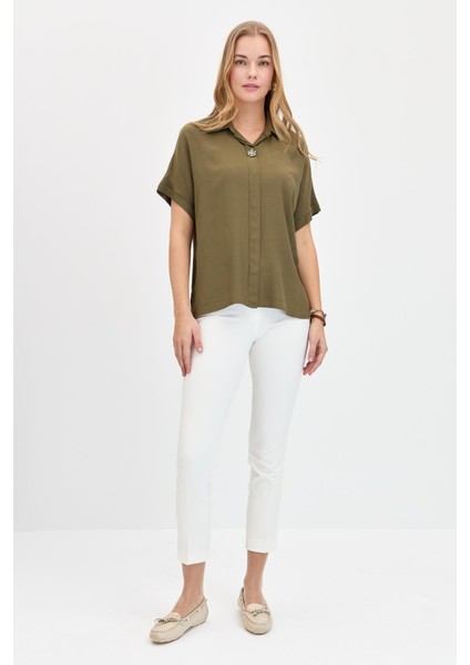 Kadın Önü Broşlu Maroken Gömlek Haki indirimleri