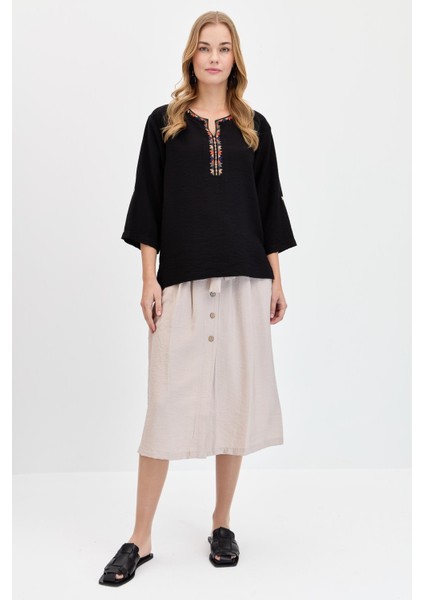 Kadın Açma Yaka Yakası Etnik Nakışlı Gömlek Siyah fırsatları