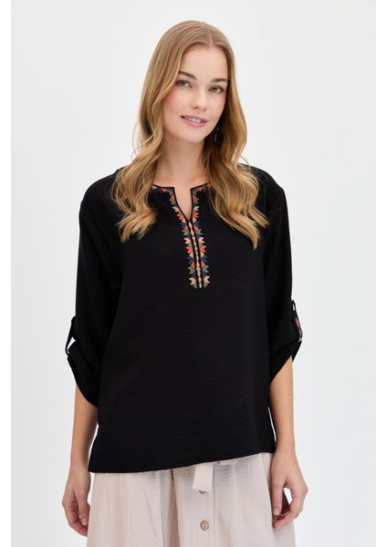 Kadın Açma Yaka Yakası Etnik Nakışlı Gömlek Siyah indirimleri