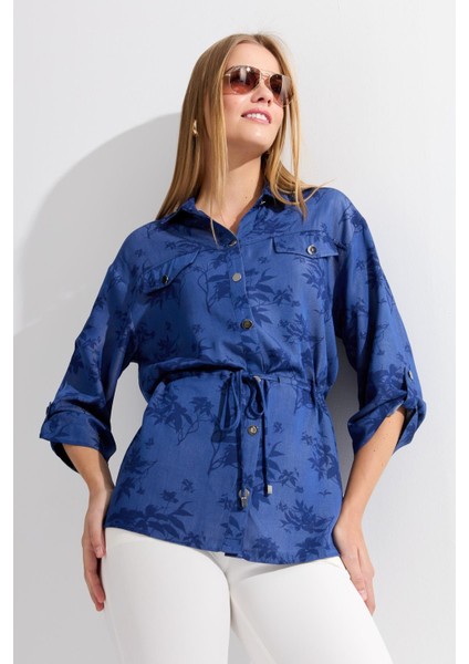 Kadın Beli Bağcıklı Yaprak Desenli Gömlek K.mavi