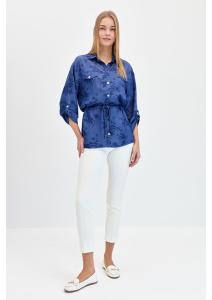 Kadın Beli Bağcıklı Yaprak Desenli Gömlek K.mavi fiyatları