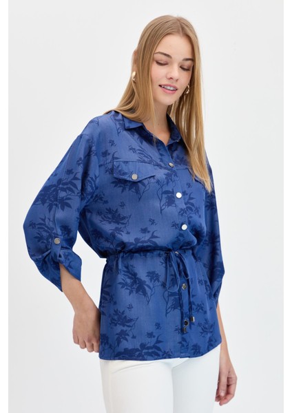 Kadın Beli Bağcıklı Yaprak Desenli Gömlek K.mavi fırsatları