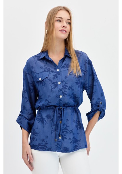 Kadın Beli Bağcıklı Yaprak Desenli Gömlek K.mavi indirimleri