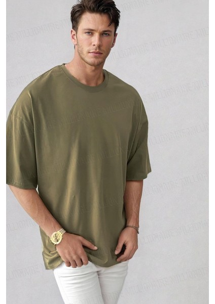 Erkek Haki Yeşili Bisiklet Yaka Düz Basic Baskısız Oversize Salas T-Shirt