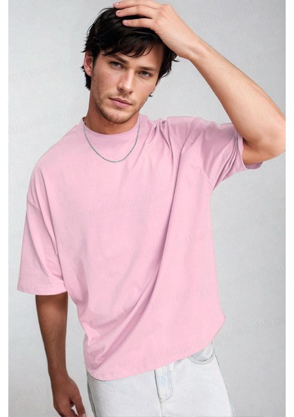 Erkek Pembe Basic Düz Baskısız Oversize Salas Boyfriend T-Shirt