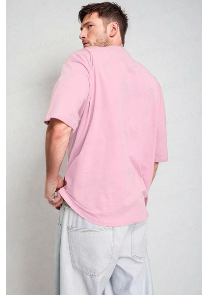 Erkek Pembe Basic Düz Baskısız Oversize Salas Boyfriend T-Shirt