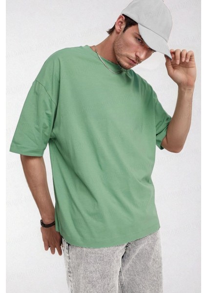 Erkek Açık Yeşil Basic Düz Baskısız Oversize Salas Boyfriend T-Shirt