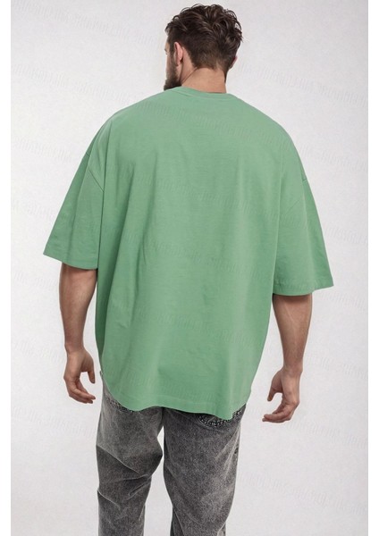 Erkek Açık Yeşil Basic Düz Baskısız Oversize Salas Boyfriend T-Shirt
