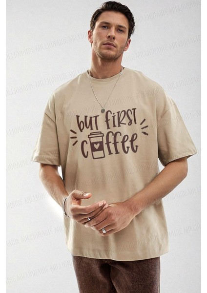Erkek But First Coffee Camel Oversize Salas Boyfriend T-Shirt fiyatları