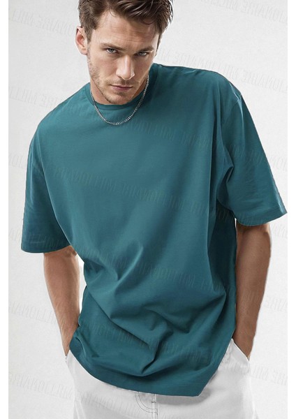 Erkek Petrol Yeşili Bisiklet Yaka Düz Basic Baskısız Oversize Salas T-Shirt