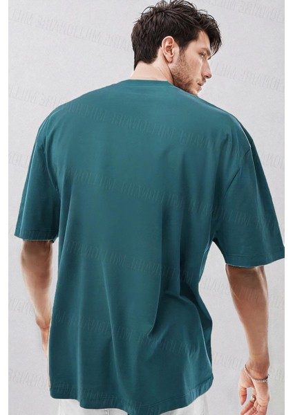 Erkek Petrol Yeşili Bisiklet Yaka Düz Basic Baskısız Oversize Salas T-Shirt