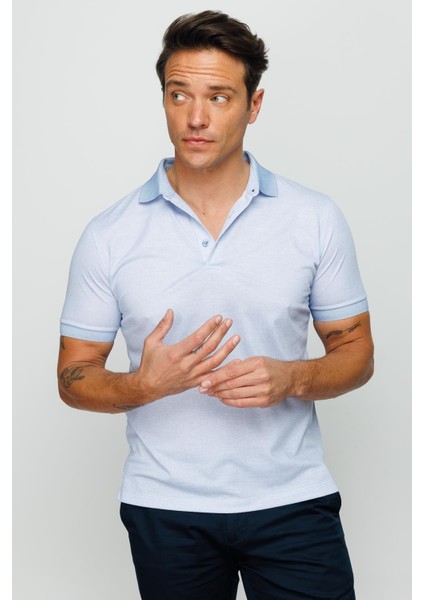 Erkek Polo Yaka Keten Baskılı T-Shirt A.Mavi