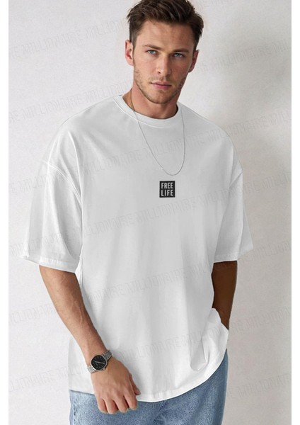 Erkek Free Life Beyaz Bisiklet Yaka Oversize Salas T-Shirt