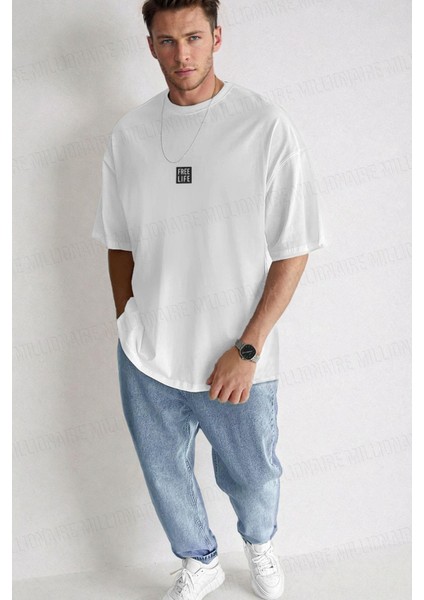 Erkek Free Life Beyaz Bisiklet Yaka Oversize Salas T-Shirt fiyatları