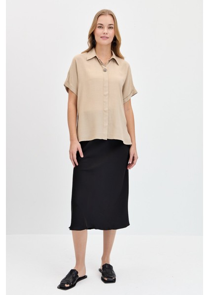 Kadın Önü Broşlu Maroken Gömlek Vizon modelleri