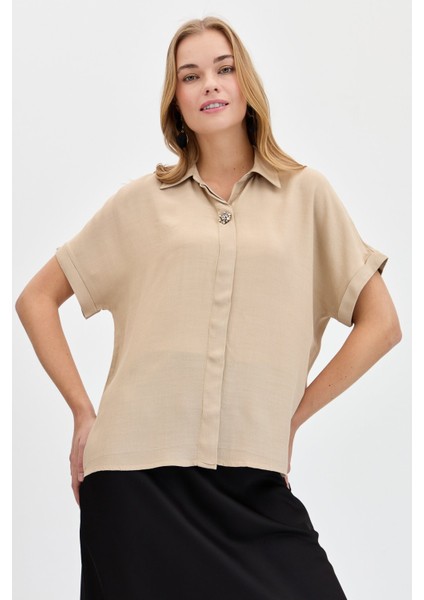 Kadın Önü Broşlu Maroken Gömlek Vizon indirimleri