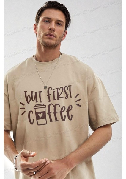 Erkek But First Coffee Camel Oversize Salas Boyfriend T-Shirt