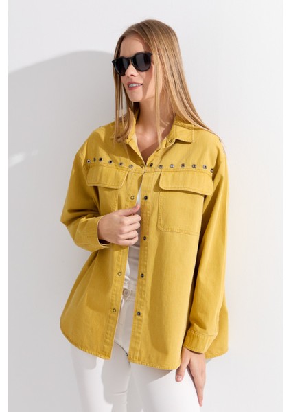 Kadın Kuşgözü Zımbalı Kapaklı Cepli Pamuk Gömlek S.zeytin