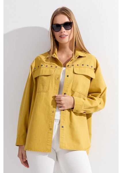 Kadın Kuşgözü Zımbalı Kapaklı Cepli Pamuk Gömlek S.zeytin fırsatları