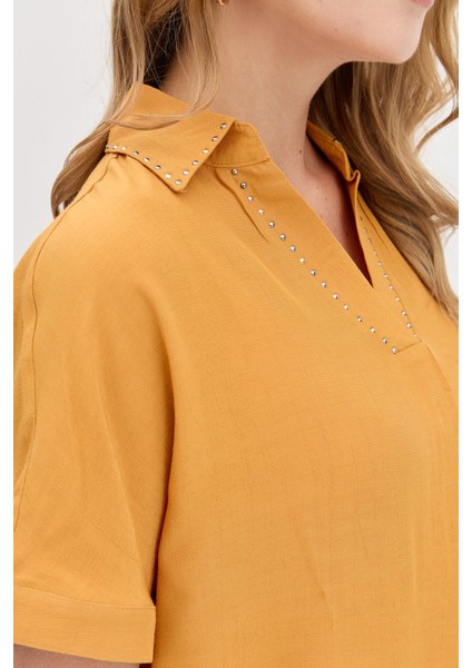 Kadın Yaka Kenarı Taşlı Maroken Gömlek Hardal modelleri