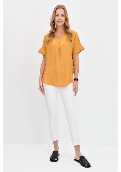 Kadın Yaka Kenarı Taşlı Maroken Gömlek Hardal fırsatları
