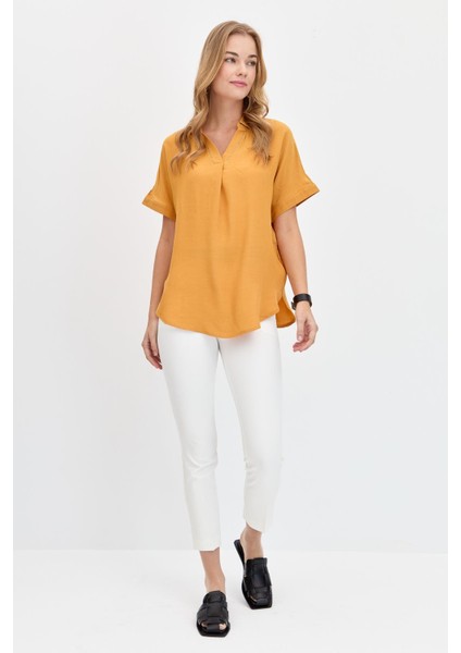 Kadın Yaka Kenarı Taşlı Maroken Gömlek Hardal indirimleri