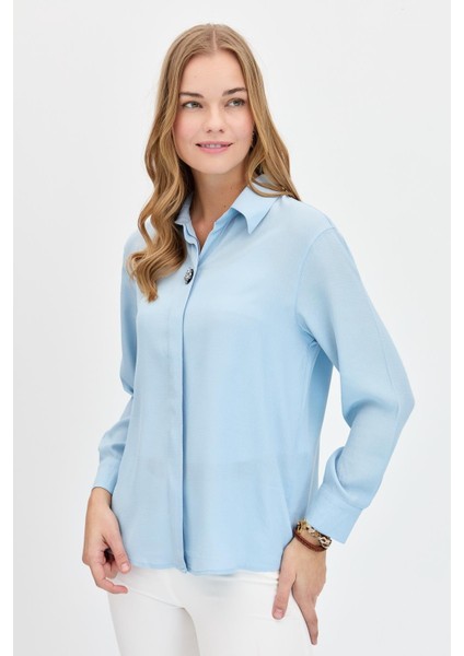 Kadın Önü Broşlu Maroken Gömlek B.mavi fırsatları