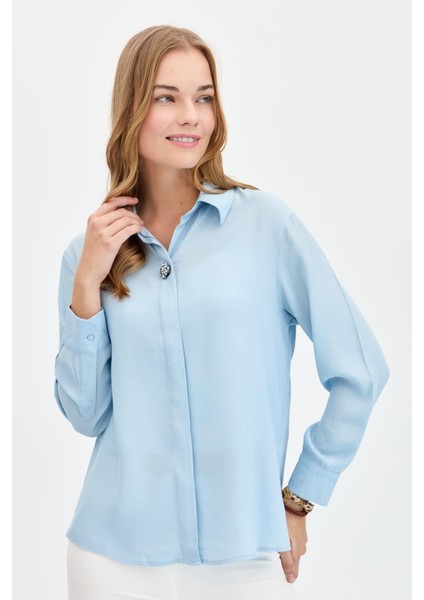 Kadın Önü Broşlu Maroken Gömlek B.mavi indirimleri