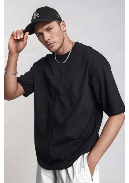Erkek Siyah Basic Düz Baskısız Oversize Salas Boyfriend T-Shirt