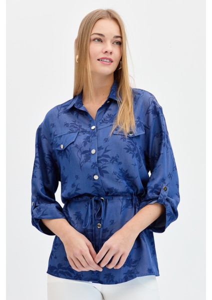 Kadın Beli Bağcıklı Yaprak Desenli Gömlek K.mavi modelleri
