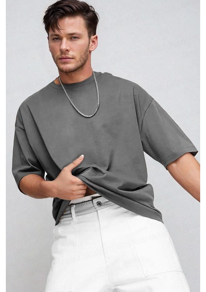 Erkek Füme Bisiklet Yaka Düz Basic Baskısız Oversize Salas T-Shirt