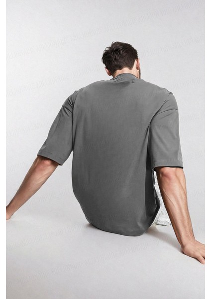 Erkek Füme Bisiklet Yaka Düz Basic Baskısız Oversize Salas T-Shirt