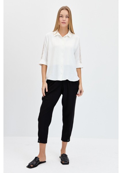 Kadın Kolları Dantel Şeritli Maroken Gömlek Ekru fırsatları