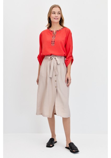 Kadın Açma Yaka Yakası Etnik Nakışlı Gömlek Mercan modelleri