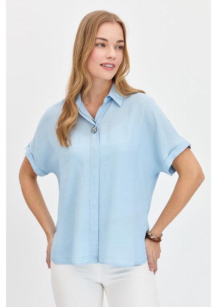 Kadın Önü Broşlu Maroken Gömlek B.mavi modelleri