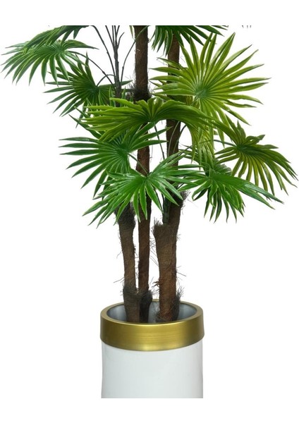 Yapay Ağaç Yelpaze Palmiye 4katlı Fanpalm 32 Yaprak Altın Kemerli Beyaz Saksıda 170*65CM