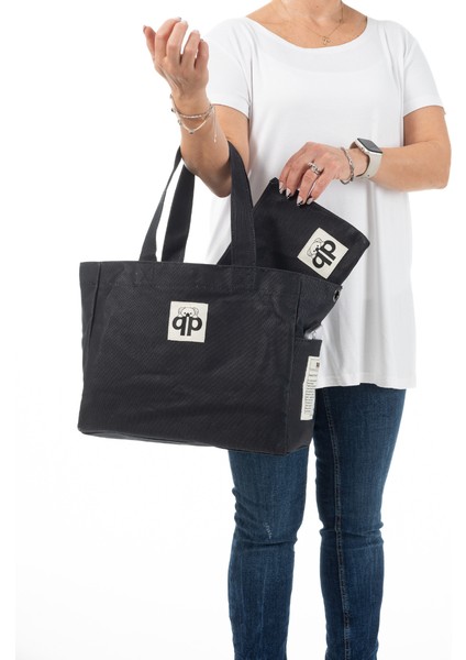 Qp Ronda Tote Bag Kadın Siyah Mumlu Kanvas El ve Omuz Çantası